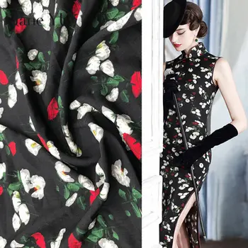 

Jane YU New high-grade black stretch silk flower print floral chiffon fabric dress cheongsam clothing fabric