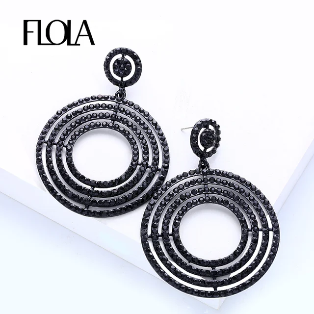 Flola Punk Rock Hoop Earrings Statement Rhinestone Crystal Round Flola Punk Rock Hoop Earrings Statement Rhinestone Crystal Round Large Black Dangle Jewelry Whole
