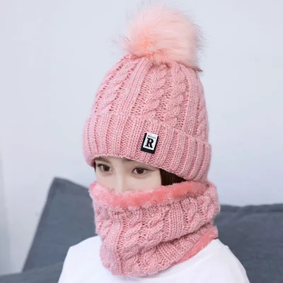 Модные зимние шляпы для женщин Beain Hat Kitted Big Ball gorro invierno mujer Зимний шарф и шапка, комплект, сохраняющий тепло - Цвет: pink