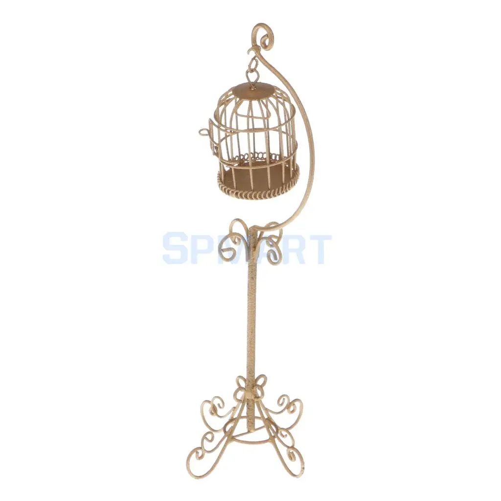  1:12 Scale Vintage Metal Bird Cage with Holder Stand Dollhouse Miniature for 12th Dolls House Decoration Accessories