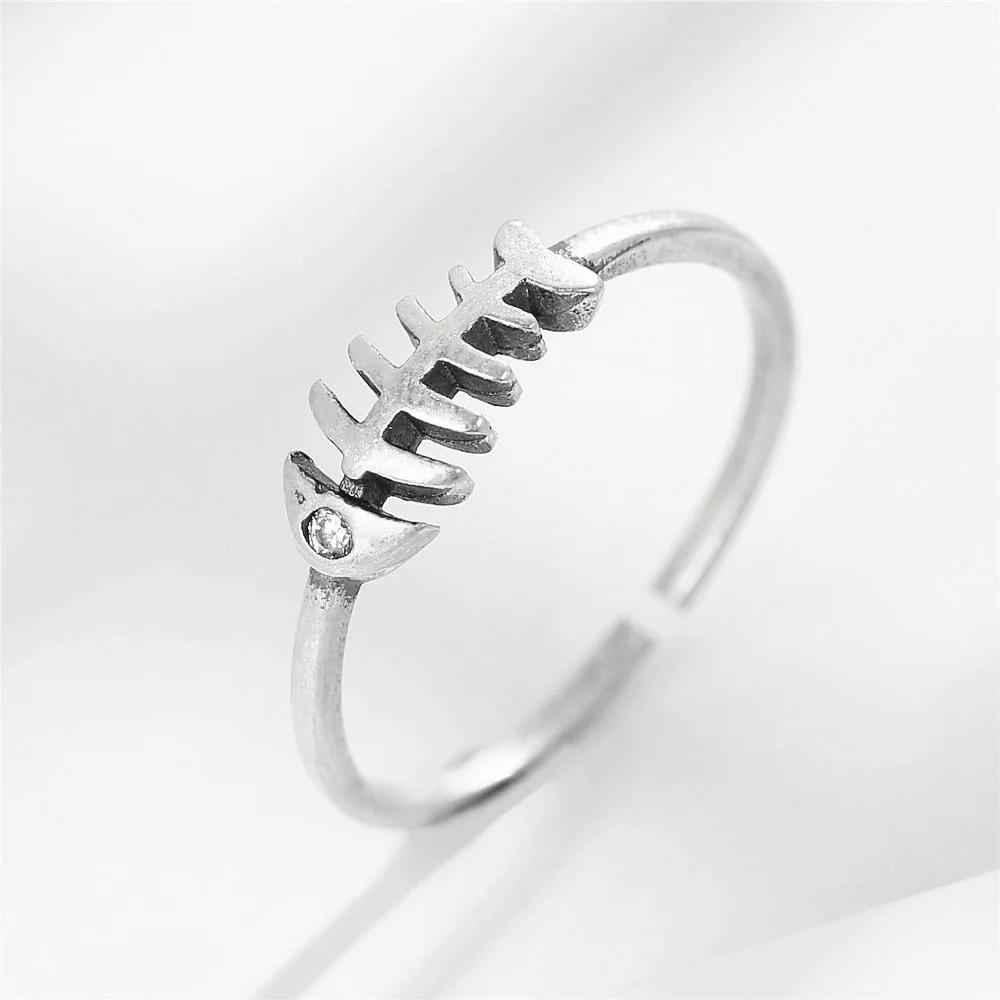 fish bone cz open ring Tai-silver 100% Sterling 925 silver Jewelry Vintage Adjustable rings for women gift