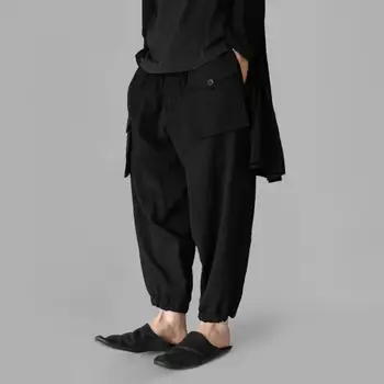 

2019 new fashion men's multi-pocket wool harem pants hair stylist casual black loose feet nine harem pants plus size 27-42