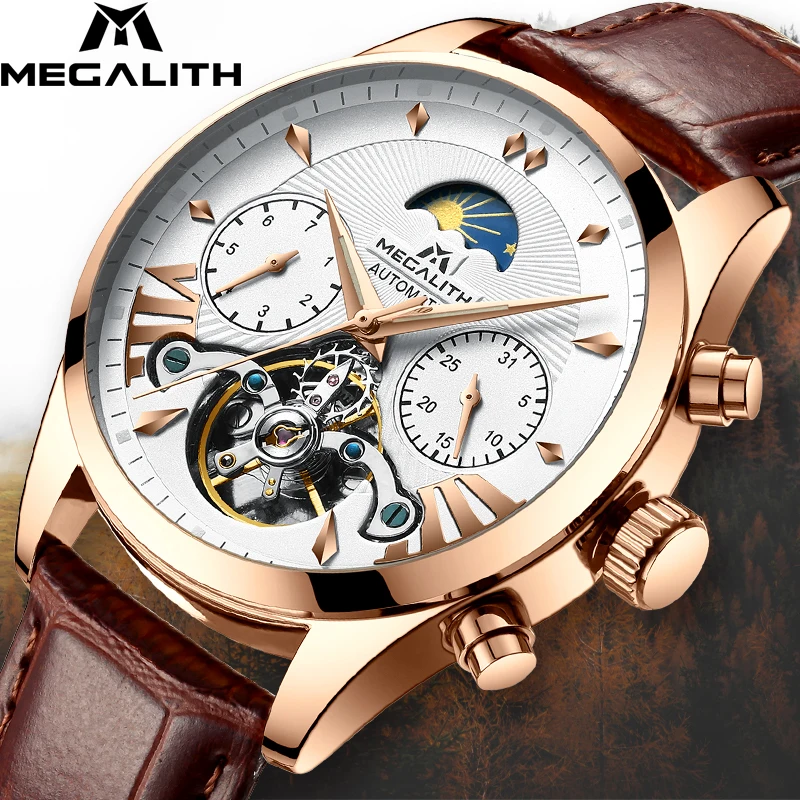

MEGALITH Men's Tourbillon Automatic Mechanical Watch Leather Strap Business Watch Men Sport Tourbillon Wristwatch Relojes Hombre
