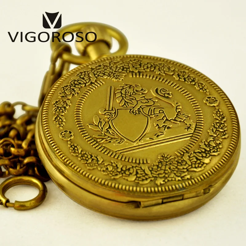 

VIGOROSO Luxury Pocket Watch Antique Wind up Mechanical Watch High Quality Pure Copper Fob Chain Clock Roman Numerals Analog Men