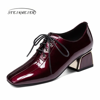 

Women summer high heels fashion genuine leather pumps spring thick heels shoes square toe laces heel woman shoes 2020
