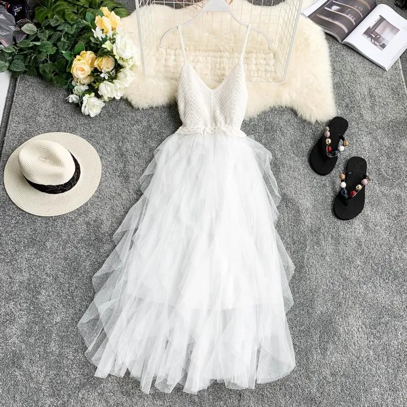 

2019 Women V-Neck Gauze Casual Dress Holiday Spaghetti Strap Sexy Dress High Waist Maxi Dress