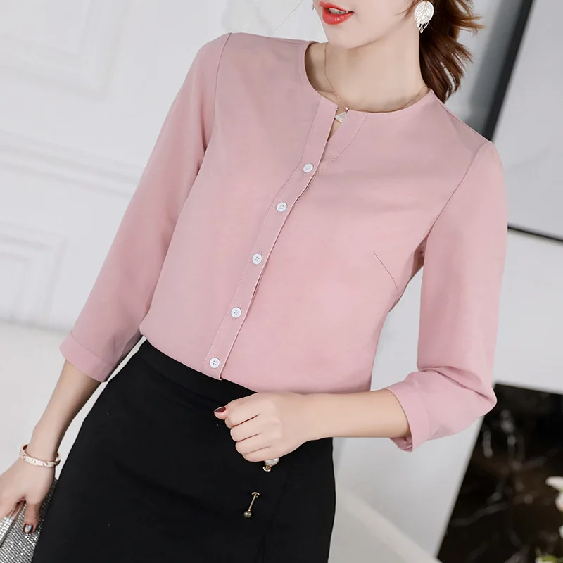 Весна Осень Женская белая рубашка на пуговицах рубашки Корейская женская уличная обтягивающая Шифоновая Блузка Элегантные женские топы блузка розового цвета