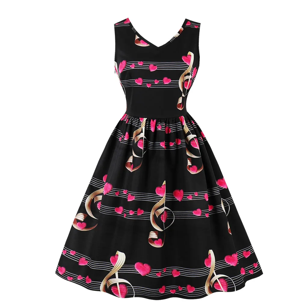 Women Retro Vintage Dress Musical Note Print Patchwork Sleeveless ...