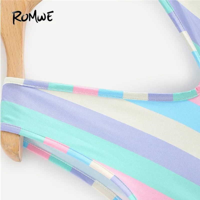 ROMWE Open Back Striped Bodysuit Summer Multicolor Backless Scoop Neck Skinny Bodysuit Women Sexy Sleeveless Bodysuit ROMWE Open Back Striped Bodysuit Summer Multicolor Backless Scoop Neck Skinny Bodysuit Women Sexy Sleeveless Bodysuit