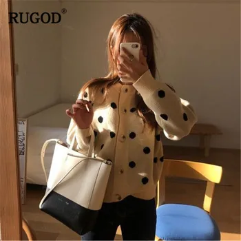 

RUGOD Korean Dot printed cardigan women Fashion long sleeve knitted sweater office ladies single-breasted sweaters pull femme hi