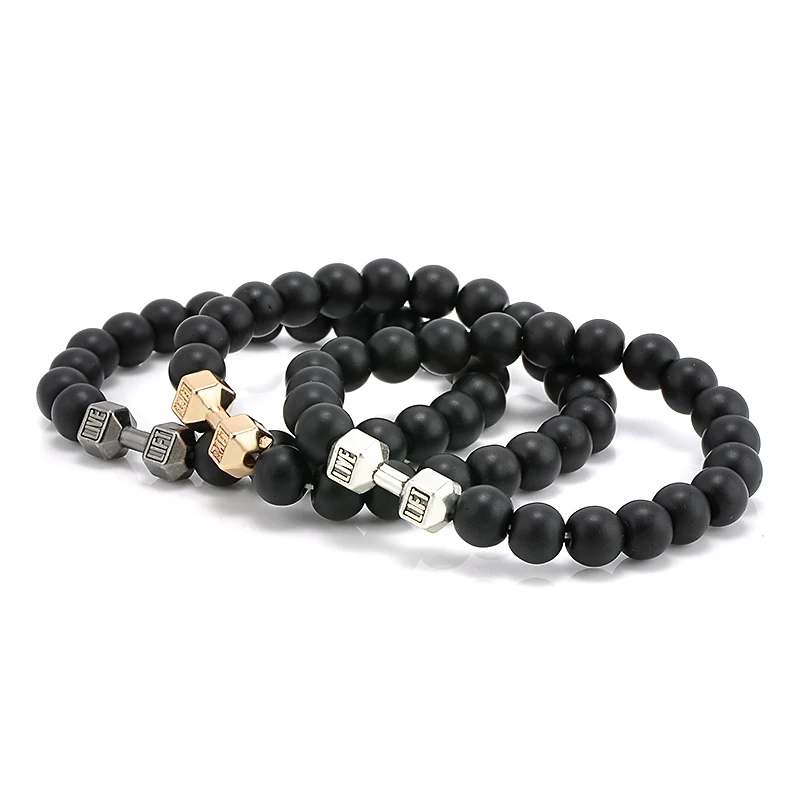 

New Design 8mm Black Stone Beads Fitness Dumbbell Bracelets Men's Energy GYM Barbell Jewelry