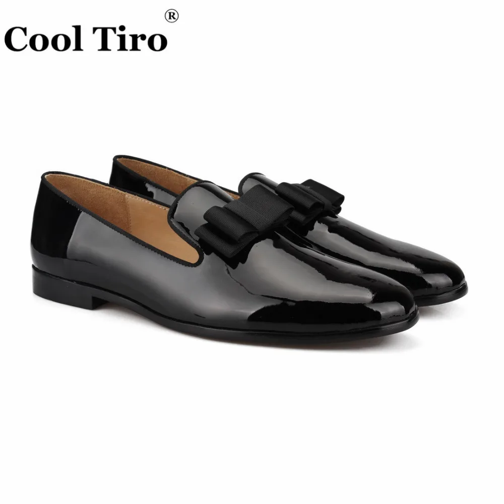 

COOL TIRO Handmade Genuine Patent Leather And Cow Suede Leather With Bow Tie Men Wedding Black Dress Shoes Banquet Loafers