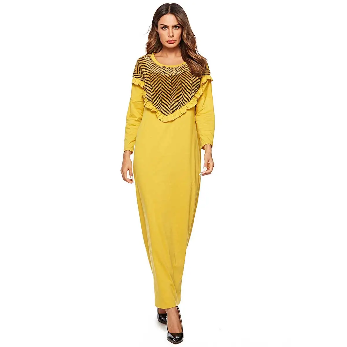 

2019 Spring Knitted ruffle Patchwork muslim abaya oversized women maxi Dress plus size islamic dubai arabic thobe VKDR1424