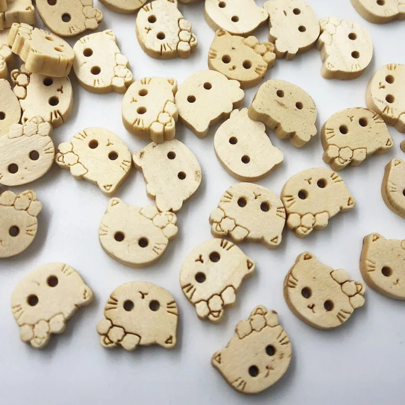 Wooden Sewing Buttons Scrapbooking Animal Cat Natural Color Two Holes