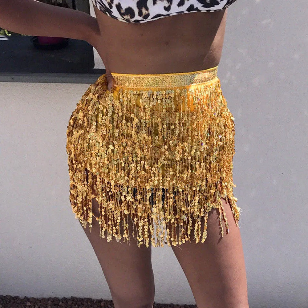 

JAYCOSIN 2019 Summer Skirt Women Sequin Belly Dancer Costume Tassel Wrap Skirt Club Mini Skirt 4