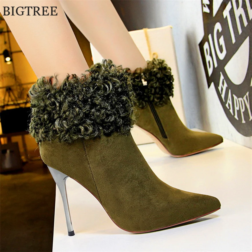 

2019 Inside Warm Short Plush Winter Boots Women Zipper Sexy Party Shoes High Heels Women's Fashion Ankle Boots Black Green Camel
