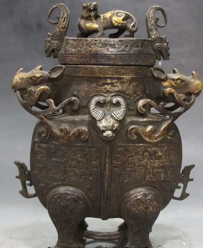 

6710631++10" Old Chinese Silver Bronze Gilt Sheep Goat Beast Head Zun Bottle Jar Vase