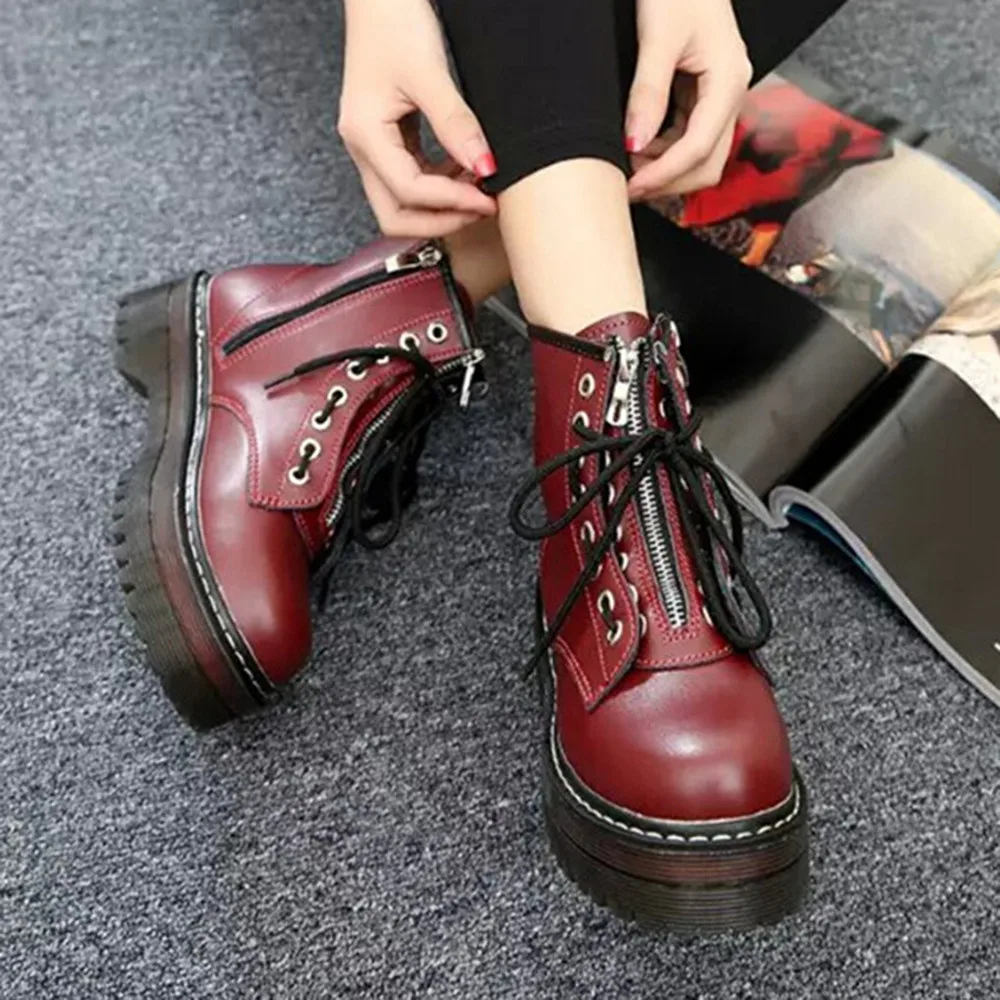 Женские ботинки ботильоны зимние тонкие туфли с круглым носком ботинки на шнуровке спереди Нескользящие ботинки на молнии Женская обувь высокого качества