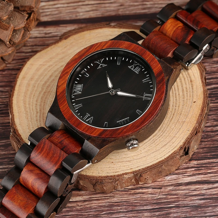Men's Watch Round Vintage Bamboo Wood Case Luxury Natural Sport Wristwatch with Full Wooden Band Japanese Movement Roman Numeral 2017 2018 Gifts for Dad Him (11)