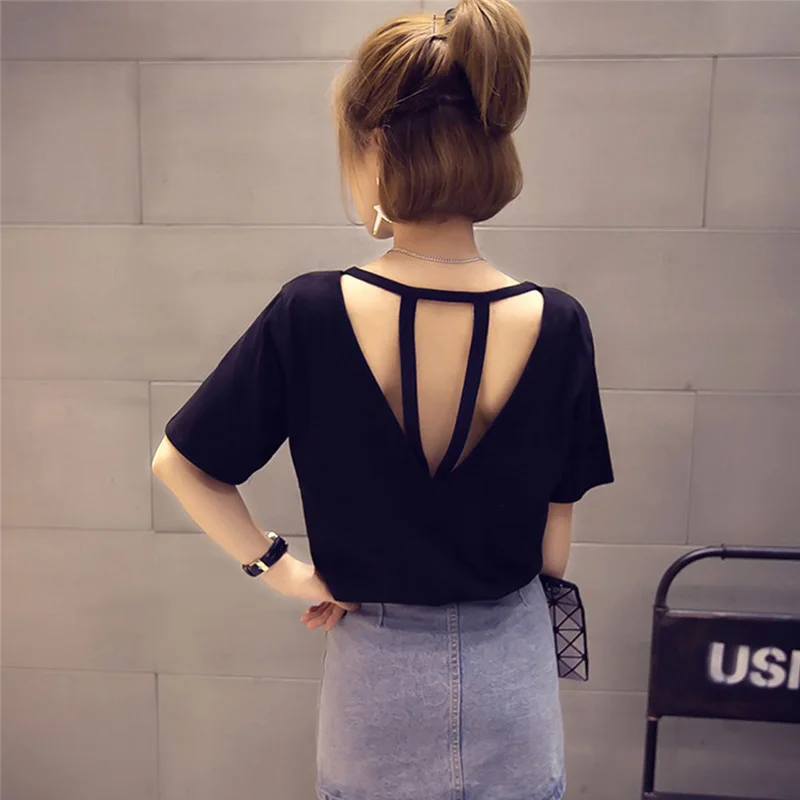 

Backless Hollow Out T-shirt Tops Women Sexy Loose T Shirt Short Sleeve Solid Color Casual Tee Shirt Femme Plus Size 2019 New