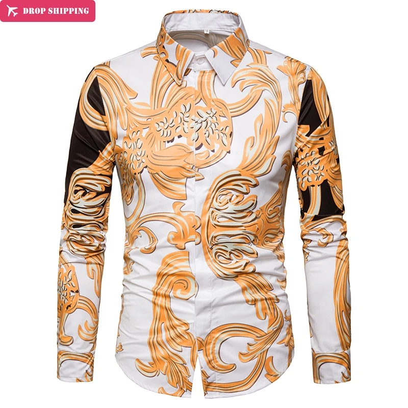 

Mens Long Sleeve Luxury Golden Floral Print Dress Shirt Brand New Slim Fit Shirt Men Casual Stylish Camisa Social Masculina