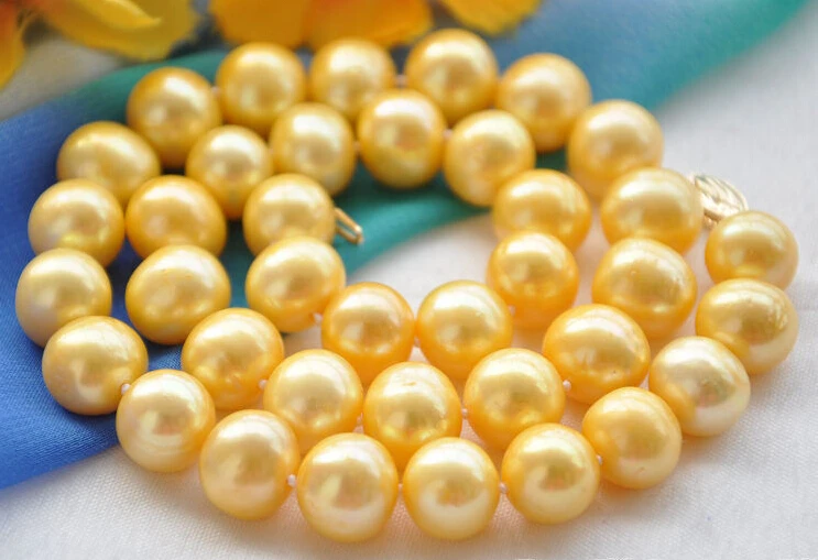 

Free Shipping ***Hot sale >>12mm ROUND GOLDEN FRESHWATER PEARL NECKLACE 17inch 14k