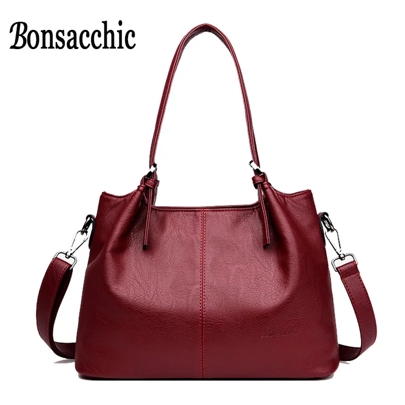 

Bonsacchic Red Ladies Genuine Leather Handbag Luxury Handbags Women Bags Designer Big Top-Handle Tote Bags for Women Sac Femme
