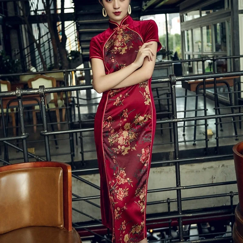Китайское стильное платье Cheongsam Qipao бархатное лоскутное платье с разрезом миди элегантные китайские платья вино сексуальное восточное платье FF1751