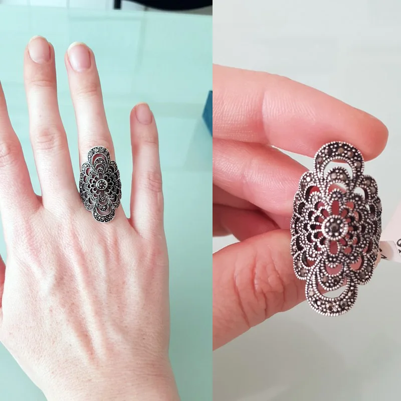 Hollow Flower Female Ring Black Rhinestone Jewelry Accessories