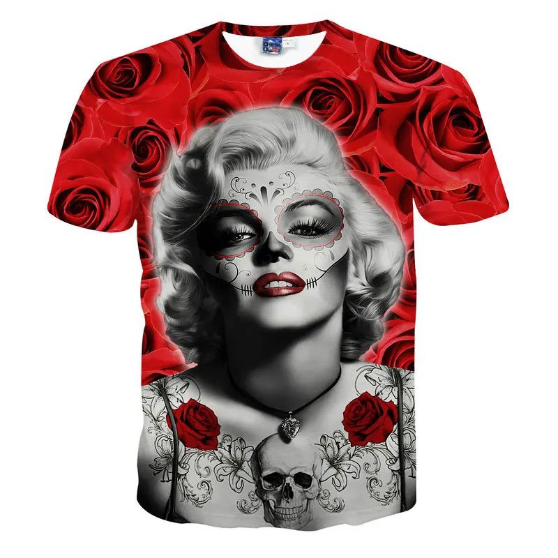 

New Couple T Shirt Women Cotton Fashion 3D Character Print Marilyn Monroe Sexy Belle With Rose Red Tide T-Shirt Camisetas Mujer
