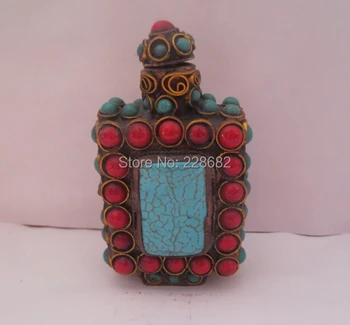 

Tibet Old Handwork Copper Turquoise Inlaid Semi-precious Stone Beads Snuff Bottle Free Shipping
