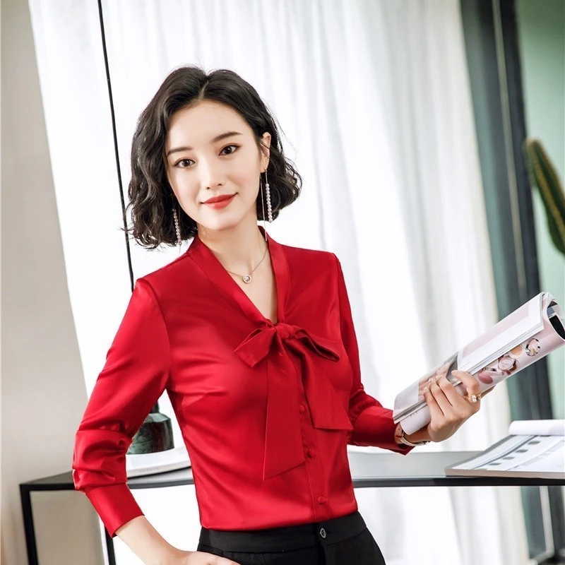 Nowość czerwone bluzki i koszule dla kobiet odzież robocza OL style z  długim rękawem z muszką damska bluzka bluzki damskie|Bluzki i koszule| -  AliExpress