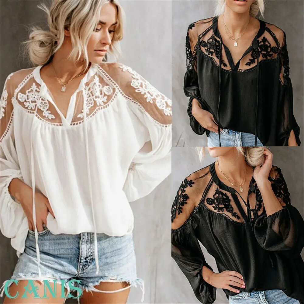 

Elegant Women Hot Holiday Ladies Summer Perspective Lace Blouse Long Sleeve Tops Fashion Unique Design See Through Loose Shirt