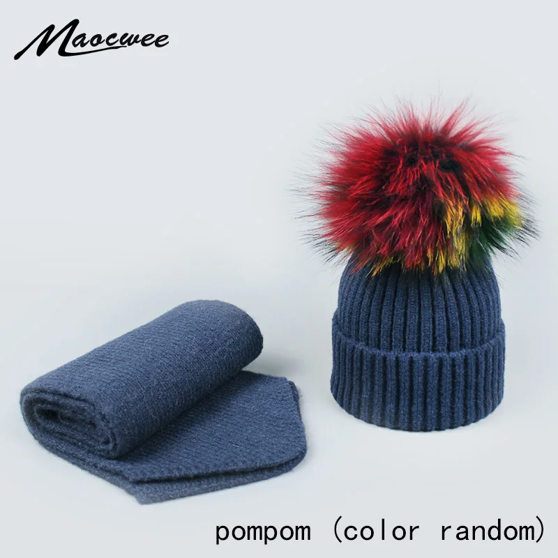 

Warm Natural Raccoon Fur Hats Scarf for Women Knitted Braid Beanie Female Caps Pompon Headgear Winter Girl Lady Skullies Hats
