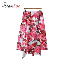 Для женщин Элегантный цветочный миди юбка Faldas Mujer эластичный пояс Разделение плиссированные Ретро женские Повседневное Асимметричные юбки
