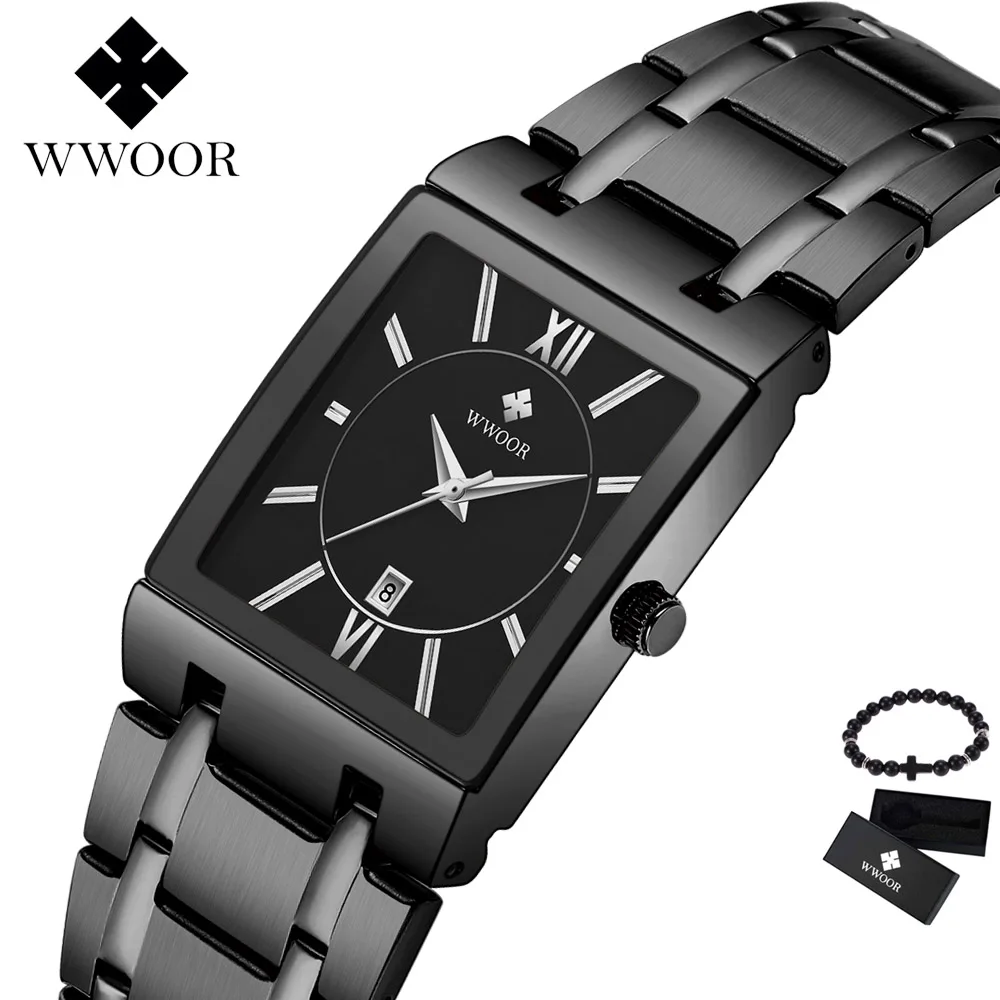 black Новые часы WWOOR Мужские кварцевые брендовые аналоговые военные мужские деловые спортивные часы со стальным ремешком водонепроницаемые часы Relogio Masculino - Цвет: black