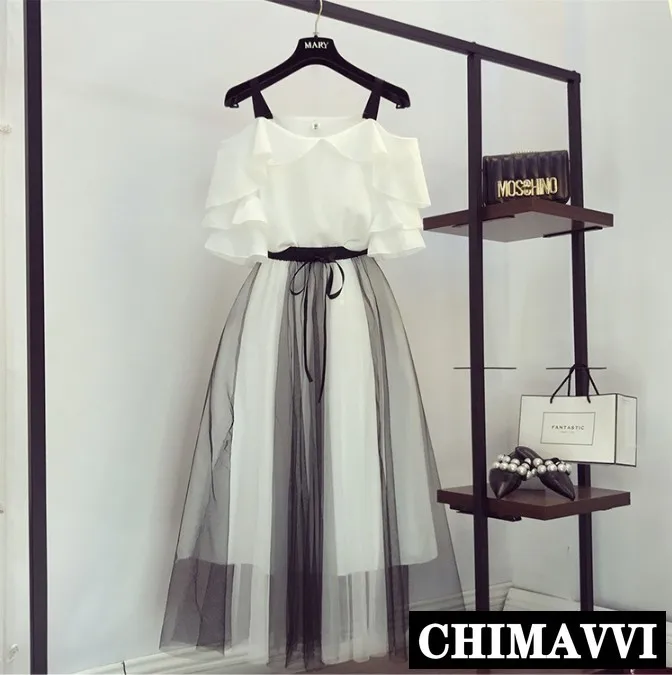 

New Summer Women's Off Shoulder Simple Chiffon Shirt + Color Block Mesh Skirt Two-piece Student Girls Sweet Long Skirt Sets