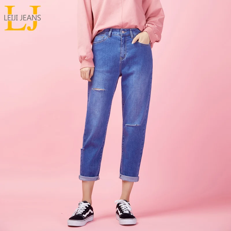 

LEIJIJEANS new Pants waist low elastic high waist loose tapered women capris jeans cut high street ladies ankle women jeans 9029
