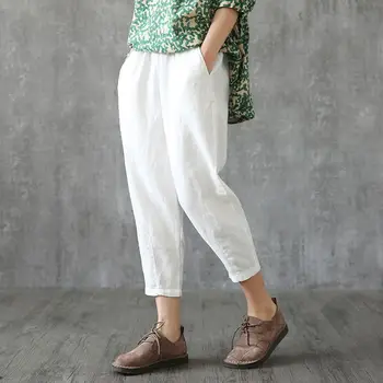 

2019 Oversized Women Cotton Linen Loose Pants Women Pockets Elastic High Waist Baggy Trousers Solid Female Harem Pants