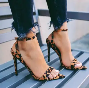 

Summer Europe and the United States sexy leopard print word with pointed high-heeled open-toe sandals stiletto heels women