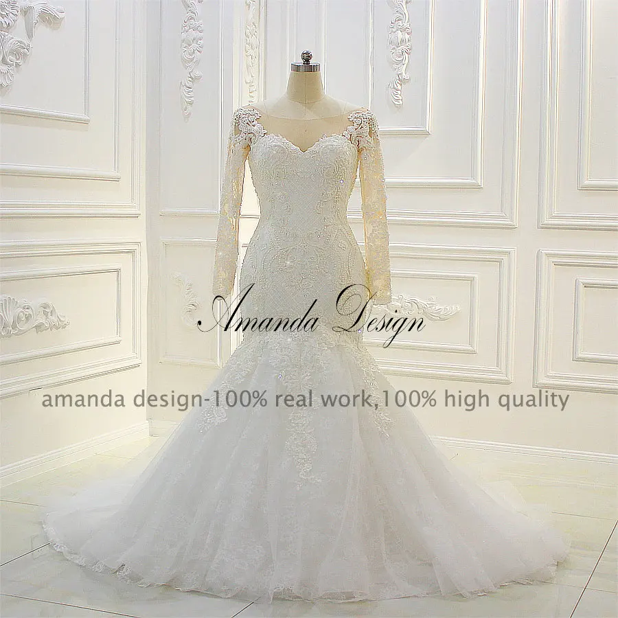 Аманда дизайн abendkleider с длинными рукавами Русалка с низкой спинкой Роскошные свадебные платья