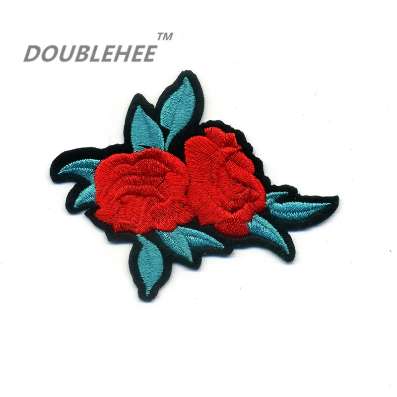 

DOUBLEHEE 8.2cm*6.7cm Embroidered Iron On Patches 2 Red Rose Flowers With Leaves Design Motif T-shirt Applique Accessories