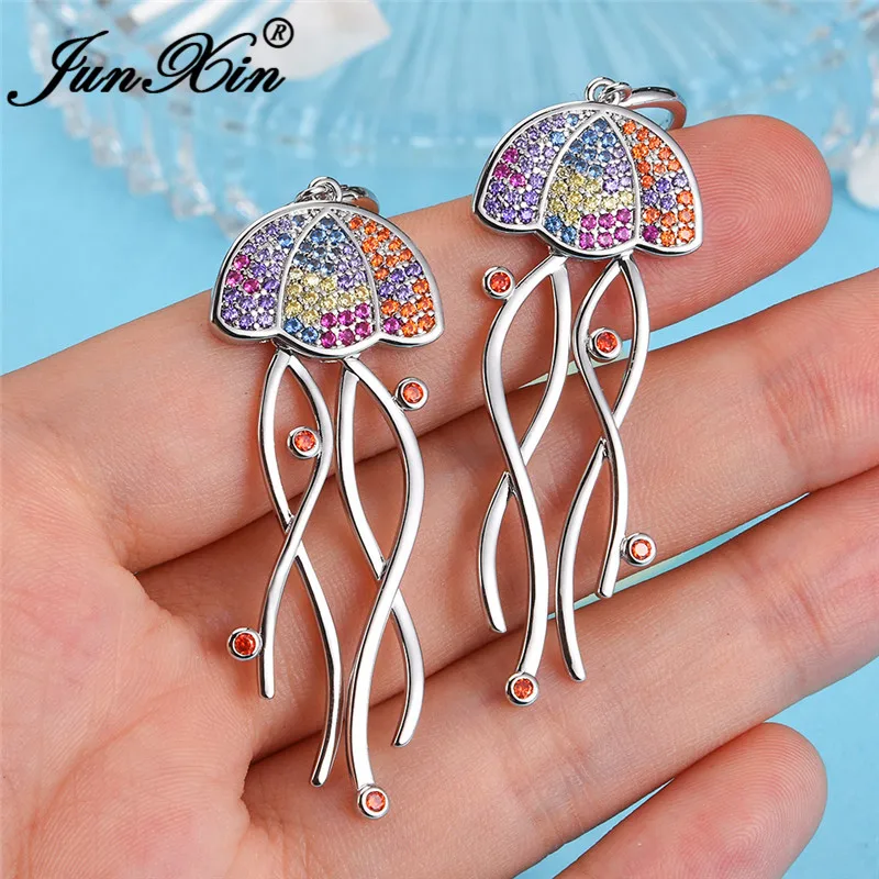 

JUNXIN Cute Rainbow Jellyfish Dangle Earrings For Women Silver Rose Gold Color Wedding Party Zircon Ocean Beach Drop Earrings