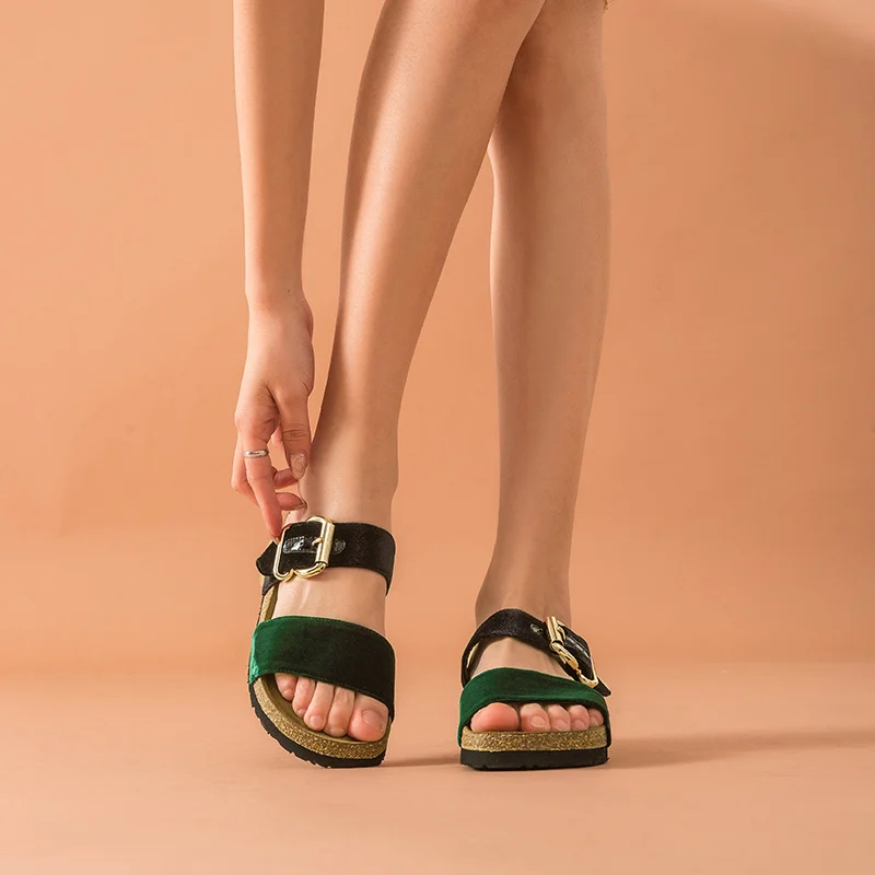 BeauToday/летние тапочки; Лидирующий бренд; вельвет с пряжкой; украшение в римском стиле; плоский каблук; уличная женская обувь; ручная работа; 34013
