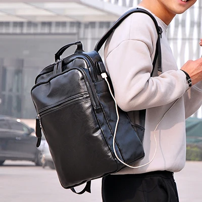 BAIJIAWEI, Большой Вместительный рюкзак из искусственной кожи, usb зарядка, мужской бизнес рюкзак для ноутбука, школьная сумка, сумки для отдыха и путешествий - Цвет: Черный