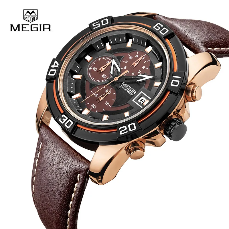 

MEGIR Top Brand Men Business Watch Luxury Leather Chronograph Quartz Military Wristwatches Clock Men relogio masculino 2023