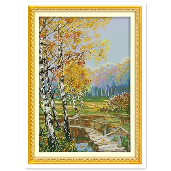 

The Birch Forests Of Autumn (2) DIY Set Needlework Chinese Counted Cross Stitch Patterns Kits Paintings 11CT Printed On Canvas