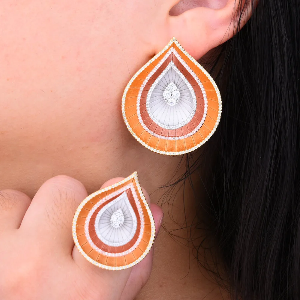 GODKI Exclusive Layers Water Drop Tear Fashion Luxury Cubic Zirconia Women Dubai Africa Engagement Earring Ring Jewelry Set