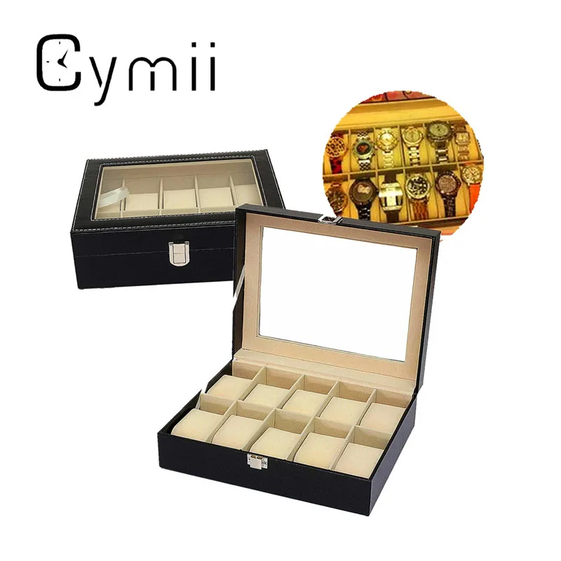 Cymii 10 Grid Black PU Leather Jewelry Watch Box Bracelet Watches Storage Organiser Storager Boyfriend Gift