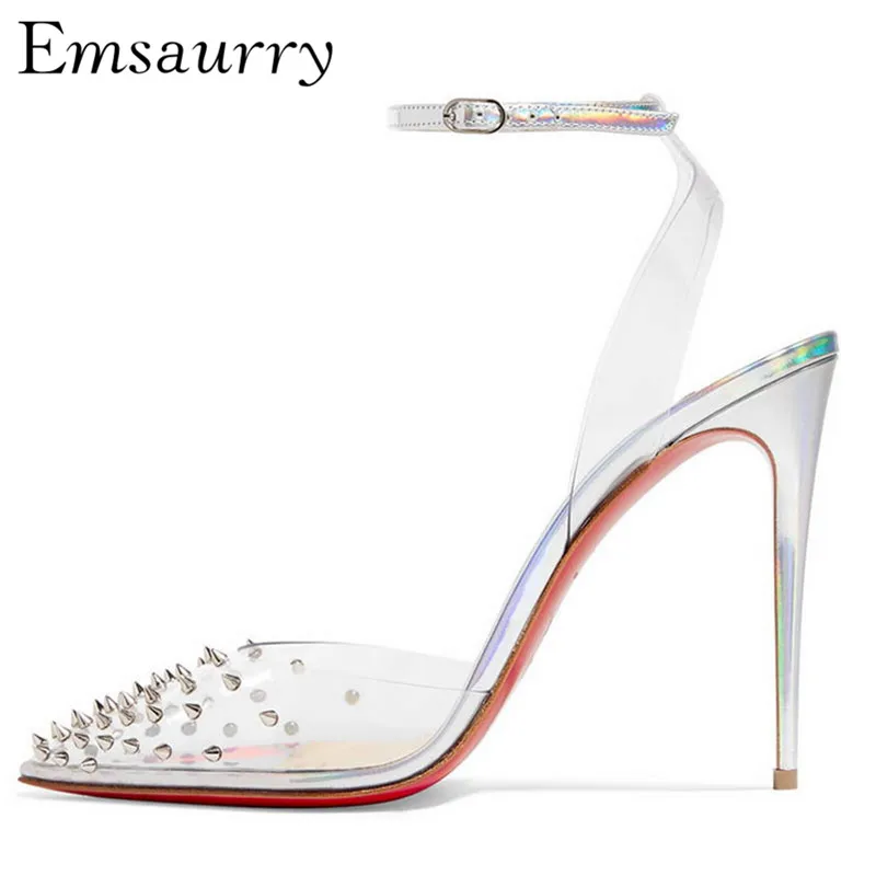 

Gold Rivet Point Toe Gladiator Sandals Women Stiletto Heel Ankle Strap Clear PVC Transparent Party Shoes Woman